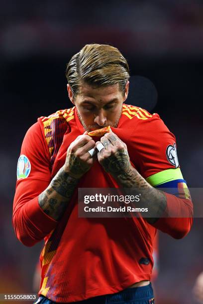 Sergio Ramos of Spain celebrates scoring during the 2020 UEFA European Championships group F match between Spain and Sweden at Bernabeu on June 10,...