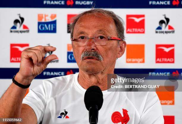 France's national rugby union team coach Jacques Brunel speaks to the press on July 11, 2019 in Marcoussis, ahead of their participation in the Rugby...
