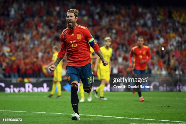Sergio Ramos of Spain celebrates scoring during the 2020 UEFA European Championships group F match between Spain and Sweden at Bernabeu on June 10,...