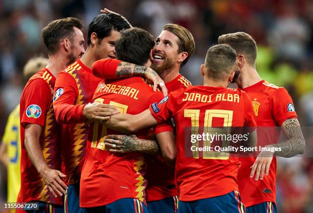 Mikel Oyarzabal of Spaincelebrates his first goal third of the team during the UEFA Euro 2020 qualifier match between Spain and Sweden at Bernabeu on...