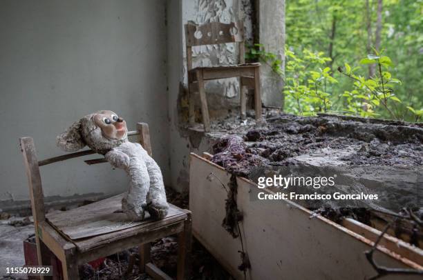 dirty stuffed toy in an abandoned building of pripyat, chernobyl exclusion zone - chernobyl fotografías e imágenes de stock