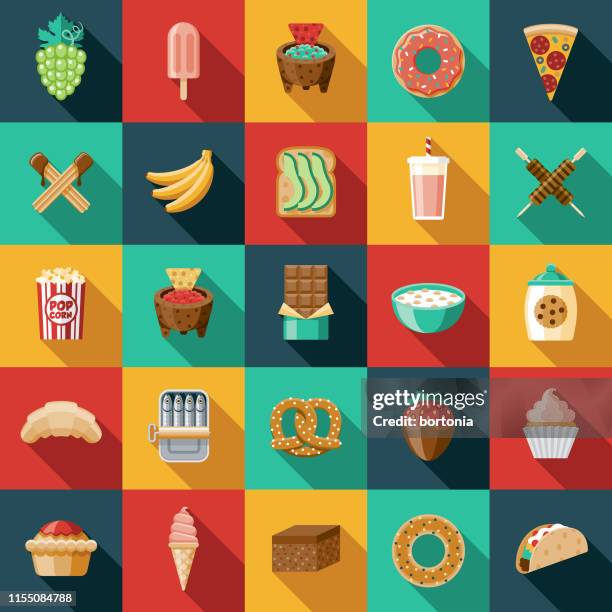 illustrazioni stock, clip art, cartoni animati e icone di tendenza di set di icone snack - surgelati