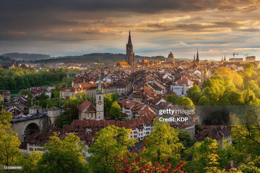 Cityscape With Golden Light Sunset in Bern, Capital of Switzerland