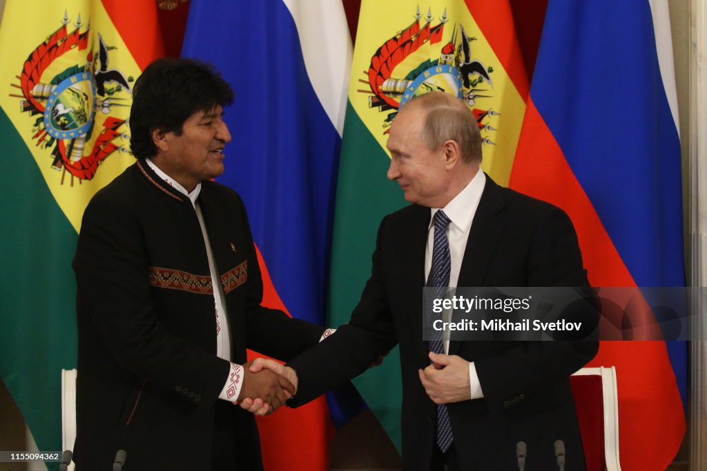 Russian President Vladimir Putin receives Bolivain President Evo Morales at the Kremlin