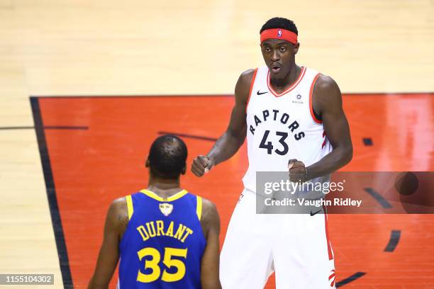 Pascal Siakam of the Toronto Raptors reacts against the Golden State Warriors in the first half during Game Five of the 2019 NBA Finals at Scotiabank...