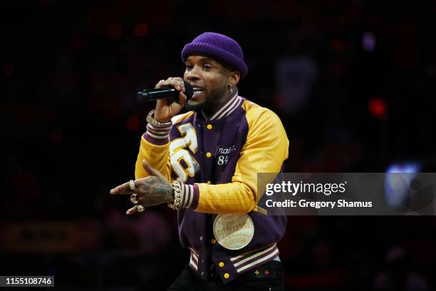 Torey Lanez performs during Game Five of the 2019 NBA Finals between the Golden State Warriors and the Toronto Raptors at Scotiabank Arena on June...