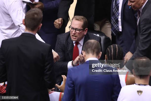 Head coach Nick Nurse of the Toronto Raptors speaks to his team during a timeout against the Golden State Warriors in the second half during Game...