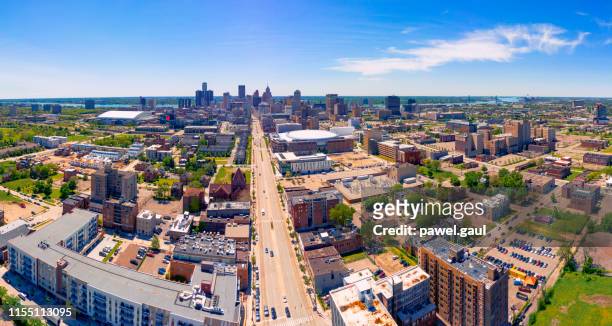aerial view of residential district with woodward avenue in detroit michigan - detroit michigan stock pictures, royalty-free photos & images