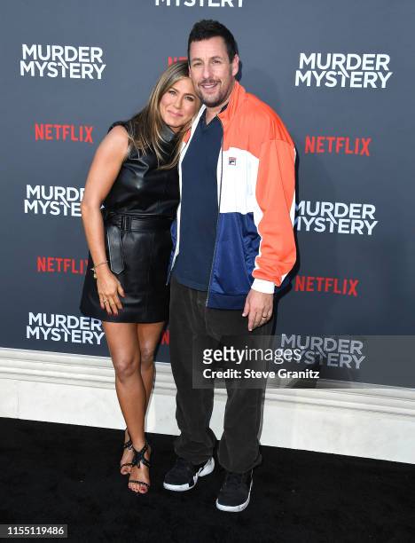 Jennifer Aniston and Adam Sandler arrives at the LA Premiere Of Netflix's "Murder Mystery" at Regency Village Theatre on June 10, 2019 in Westwood,...