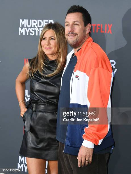 Jennifer Aniston and Adam Sandler attend LA Premiere Of Netflix's "Murder Mystery" at Regency Village Theatre on June 10, 2019 in Westwood,...