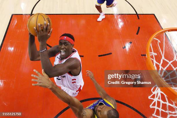 Pascal Siakam of the Toronto Raptors attempts a shot against the Golden State Warriors during Game Five of the 2019 NBA Finals at Scotiabank Arena on...