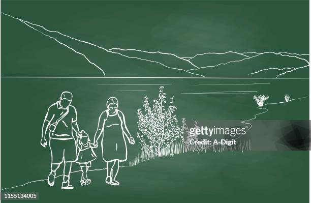 family at the lake chalkboard - family chalk drawing stock illustrations