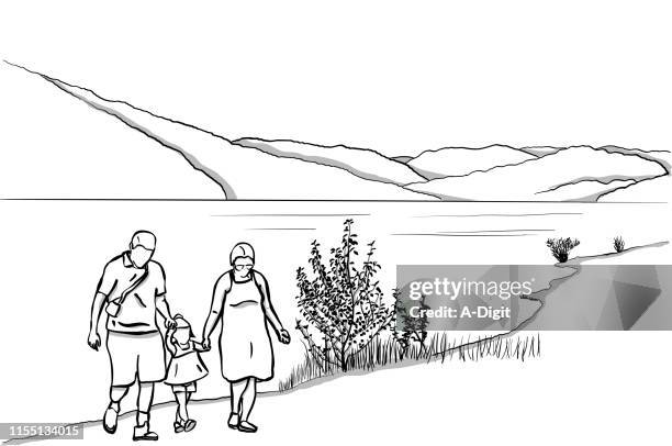 stockillustraties, clipart, cartoons en iconen met familie aan het meer - waterlijn