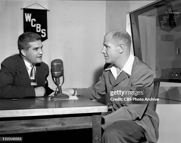 This Is New York, a CBS Radio program, hosted by with Bill Leonard, at left, with guest Bill Veeck, owner of Cleveland Indians baseball team. June...