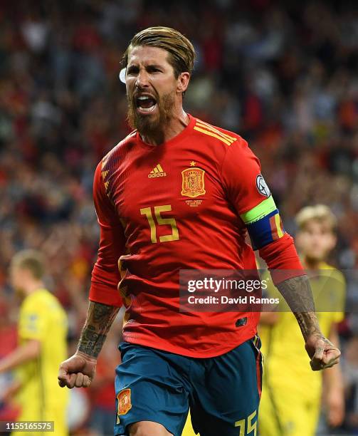 Sergio Ramos of Spain celebrates after scoring his team's first goal during the UEFA Euro 2020 qualifier match between Spain and Sweden at Bernabeu...