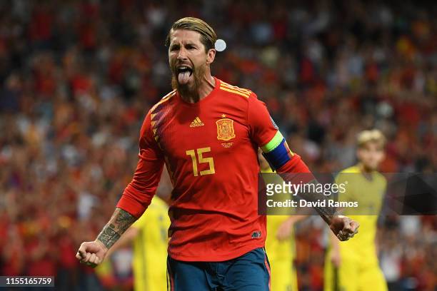 Sergio Ramos of Spain celebrates after scoring his team's first goal during the UEFA Euro 2020 qualifier match between Spain and Sweden at Bernabeu...