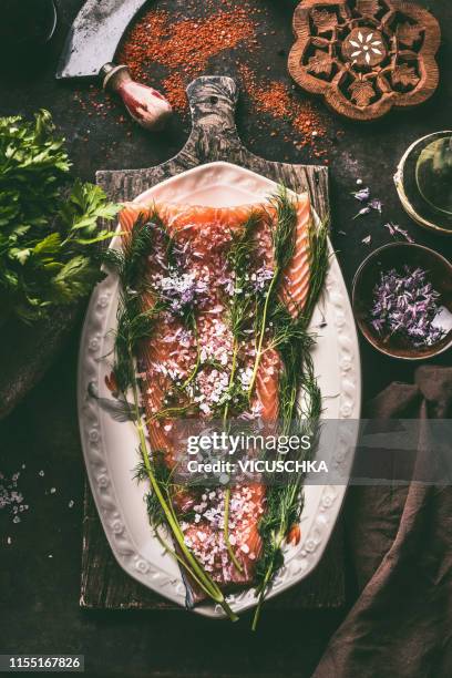 close up of raw  pickled salmon fillet with seasoning and salt, top view - gravlax - fotografias e filmes do acervo