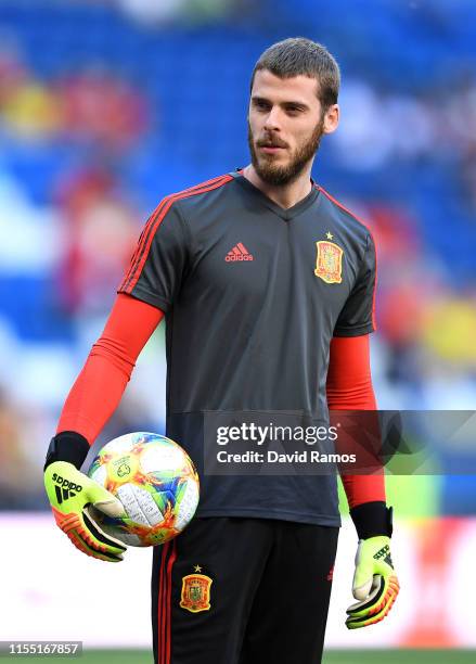 David de Gea of Spain looks on during the warm up prior to the UEFA Euro 2020 qualifier match between Spain and Sweden at Bernabeu on June 10, 2019...