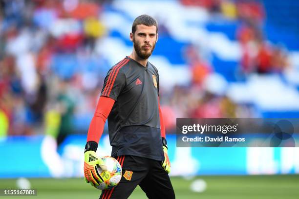 David de Gea of Spain looks on during the warm up prior to the UEFA Euro 2020 qualifier match between Spain and Sweden at Bernabeu on June 10, 2019...