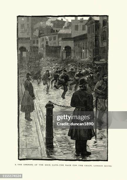 arbeitslose rennen in die warteschlange um arbeitsplätze, london docks, 1880er jahre - east london london stock-grafiken, -clipart, -cartoons und -symbole