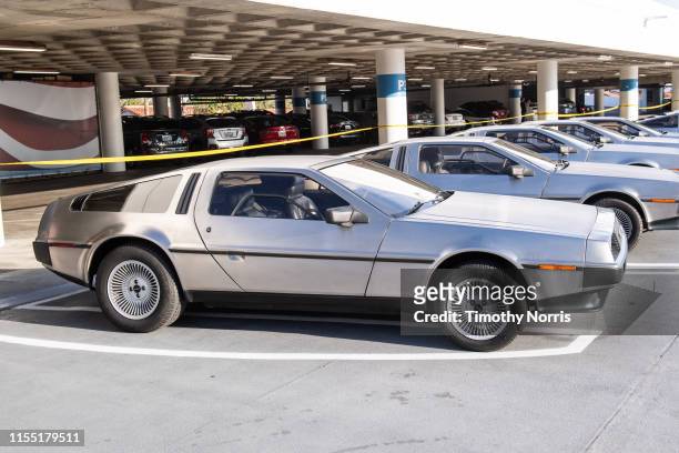 General view of DeLorean cars parked during the LA special screening of Sundance Selects' "Framing John DeLorean" at Petersen Automotive Museum on...