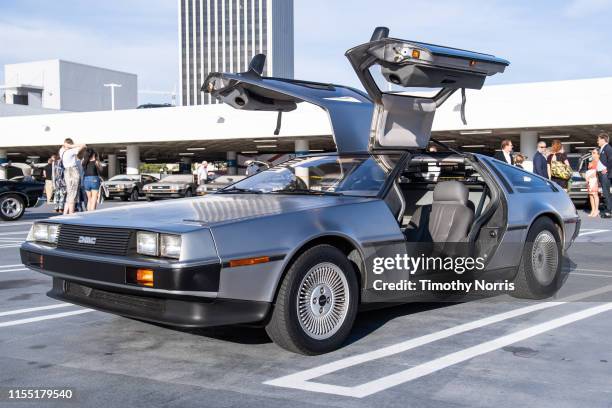 General view of DeLorean cars parked during the LA special screening of Sundance Selects' "Framing John DeLorean" at Petersen Automotive Museum on...