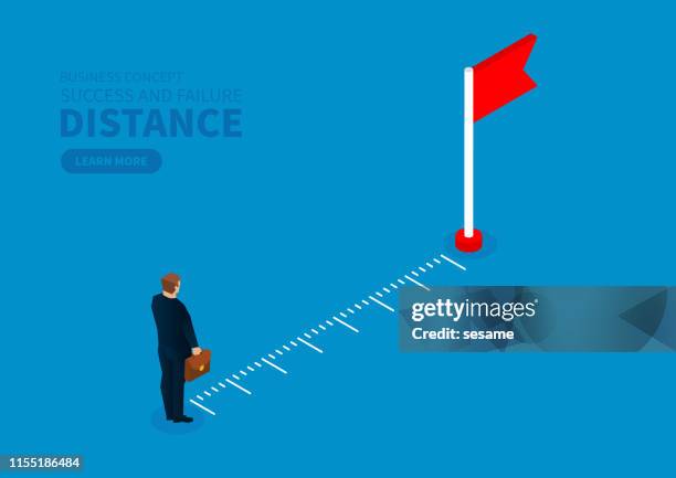 measuring the distance of the merchant from the destination flag - arrival stock illustrations
