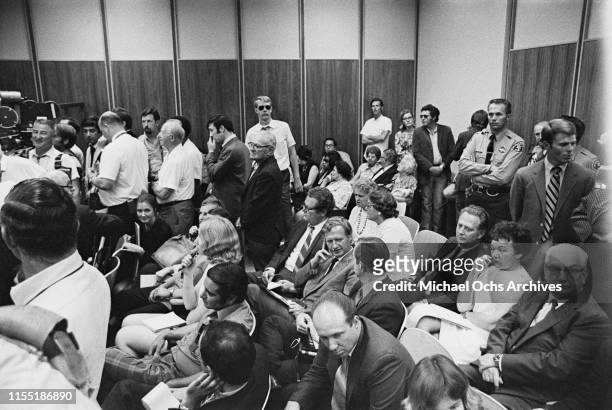 Reporters and general public attend a hearing regarding the murder of music teacher Gary Hinman by members of the Manson Family at the Santa Monica...