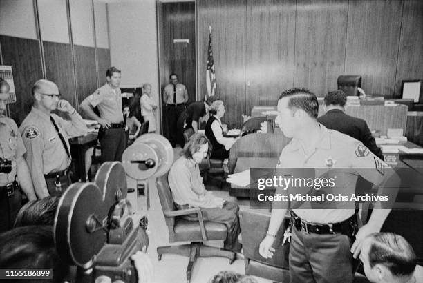 American criminal and cult leader Charles Manson sits in the the court room at the Santa Monica Courthouse for a hearing regarding the murder of...