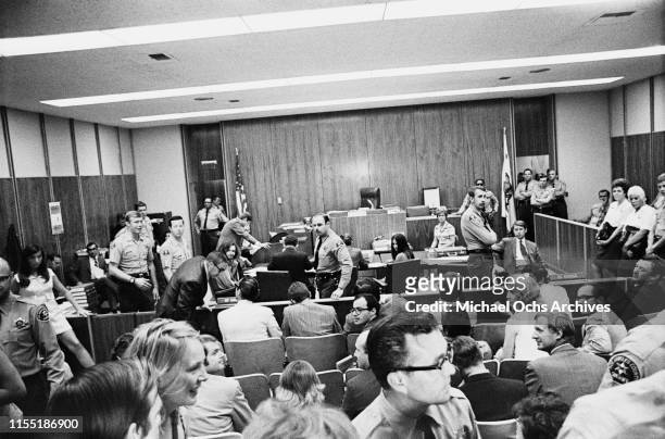 Reporters and general public attend a hearing regarding the murder of music teacher Gary Hinman by members of the Manson Family at the Santa Monica...