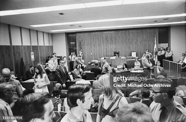 Reporters and general public attend a hearing regarding the murder of music teacher Gary Hinman by members of the Manson Family at the Santa Monica...