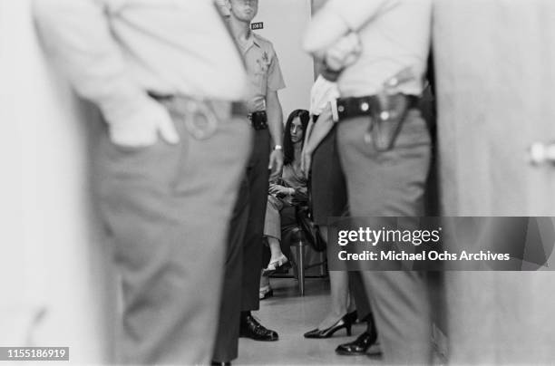 American murderer and member of the Manson Family Susan Atkins sits outside a court room at the Santa Monica Courthouse waiting for her hearing...