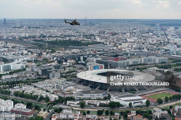 An aerial view taken on July 11, 2019 shows the Stade de France in Saint-Denis, near Paris.