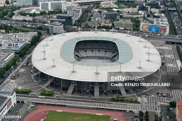 An aerial view taken on July 11, 2019 shows the Stade de France in Saint-Denis, near Paris.