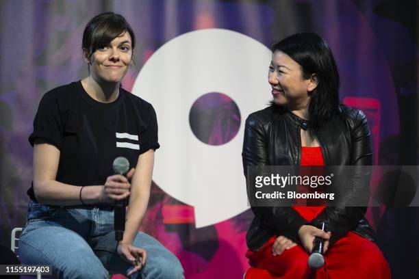 Marie Chevrier, founder and chief executive officer of Sampler App Inc. Left, speaks as Shan-Lyn Ma, co-founder and chief executive officer of Zola,...