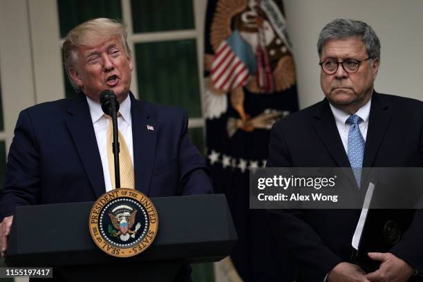 President Donald Trump makes a statement on the census with Attorney General William Barr in the Rose Garden of the White House on July 11, 2019 in...