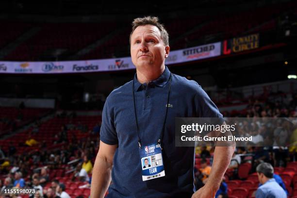 Head Coach Scott Brooks of the Washington Wizards attends a game between the Washington Wizards and Atlanta Hawks on July 11, 2019 at the Thomas &...