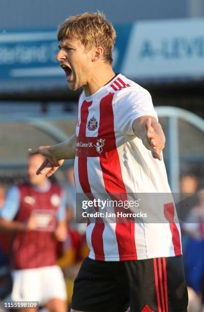 Glenn Loovens of Sunderland reacts during the Pre-Season friendly between South Shields FC and Sunderland AFC at Mariners Park on July 11, 2019 in...