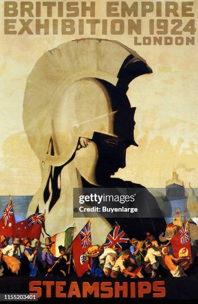 Greek Statue under which there are British Crowds, England, 1924. Image taken from a Canadian Pacific travel poster of the steamship era.
