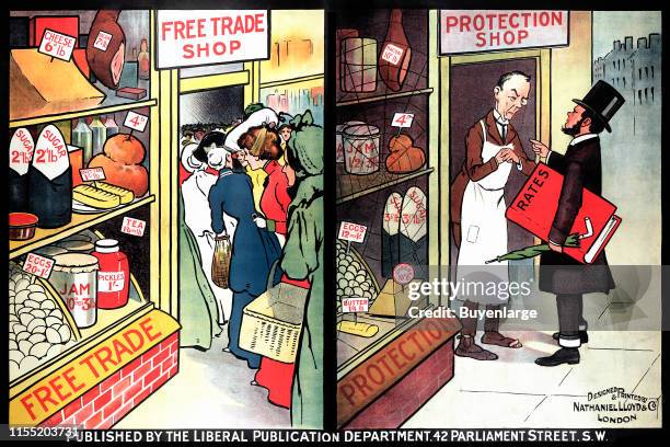 Free Trade and Protection; Liberal Party poster clearly displaying the differences between an economy based on Free Trade and Protectionism, Great...