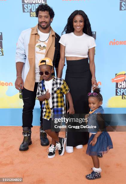 Russell Wilson, Future Zahir Wilburn, Ciara and Sienna Princess Wilson attend Nickelodeon Kids' Choice Sports 2019 at Barker Hangar on July 11, 2019...