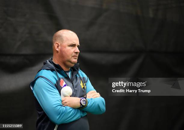 Mickey Arthur, Head Coach of Pakistan looks on during a Pakistan Press Conference And Nets Session at The County Ground on June 11, 2019 in Taunton,...