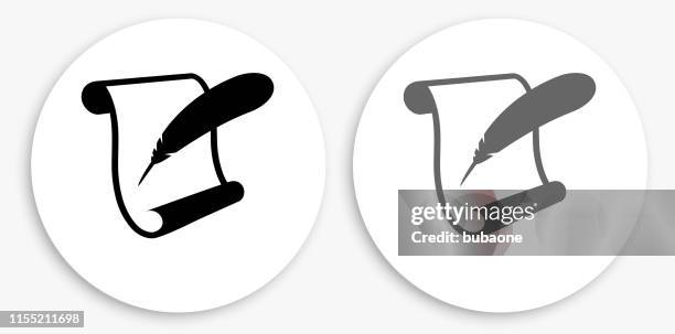 paper scroll and feather quill black and white round icon - quill pen stock illustrations