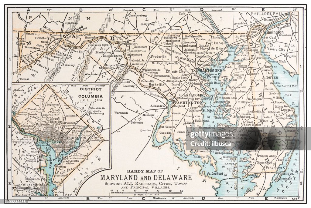 Antique vintage retro USA map: Maryland, Delaware, Washington DC