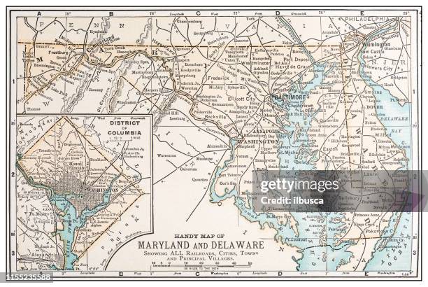 antique vintage retro usa map: maryland, delaware, washington dc - delaware us state stock illustrations