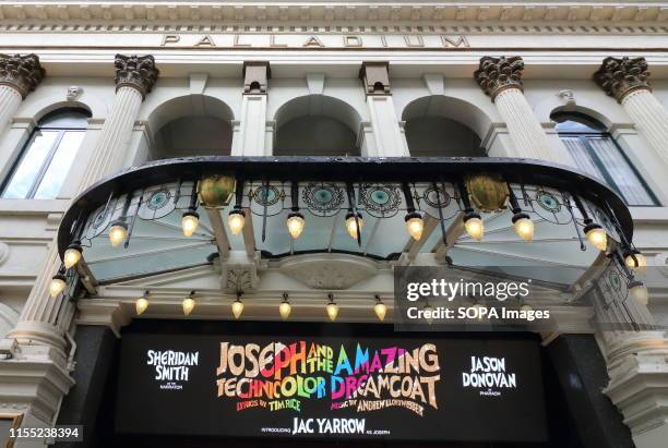 Exterior of the theatre at the Joseph and the Amazing Technicolor Dreamcoat Press Night at the London Palladium.