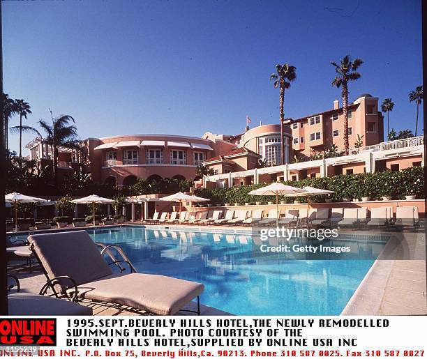 SEPTEMBER 1995-BEVERLY HILLS,THE SWIMMING POOL AND HOTEL,NOW REMODELLED AT THE BEVERLY HILLS HOTEL OWNED BY THE SULTAN OF BRUNEI