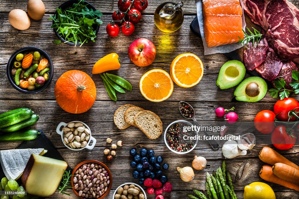 Food backgrounds: table filled with large variety of food