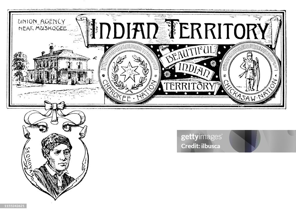 Vintage banner with emblem and landmark of Indian Territory, portrait of Sequoyah