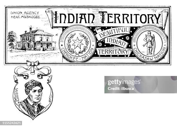 vintage banner with emblem and landmark of indian territory, portrait of sequoyah - muskogee oklahoma stock illustrations
